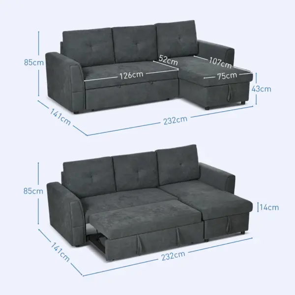 HOMCOM 3 Seater Sofa Bed, L-Shaped Corner Sofa, Pull Out Sofa with Storage, Convertible Click Clack Settee Sectional Sleeper Futon in Dark Grey