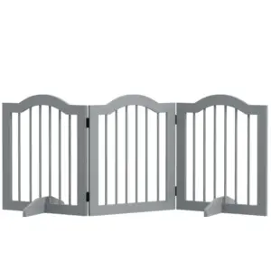 PawHut 3 Panels Dog Gate with Support Feet Fence Safety Barrier Freestanding Wood in Light Grey