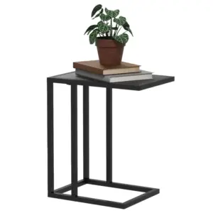 HOMCOM C Shape Bedside Table with Metal Frame Wood-Effect Top Sofa Narrow Snack End Table for Living Room in Black