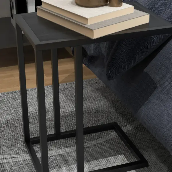 HOMCOM C Shape Bedside Table with Metal Frame Wood-Effect Top Sofa Narrow Snack End Table for Living Room in Black