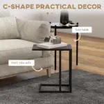HOMCOM C Shape Bedside Table with Metal Frame Wood-Effect Top Sofa Narrow Snack End Table for Living Room in Black