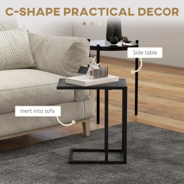 HOMCOM C Shape Bedside Table with Metal Frame Wood-Effect Top Sofa Narrow Snack End Table for Living Room in Black