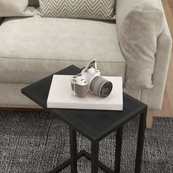 HOMCOM C Shape Bedside Table with Metal Frame Wood-Effect Top Sofa Narrow Snack End Table for Living Room in Black