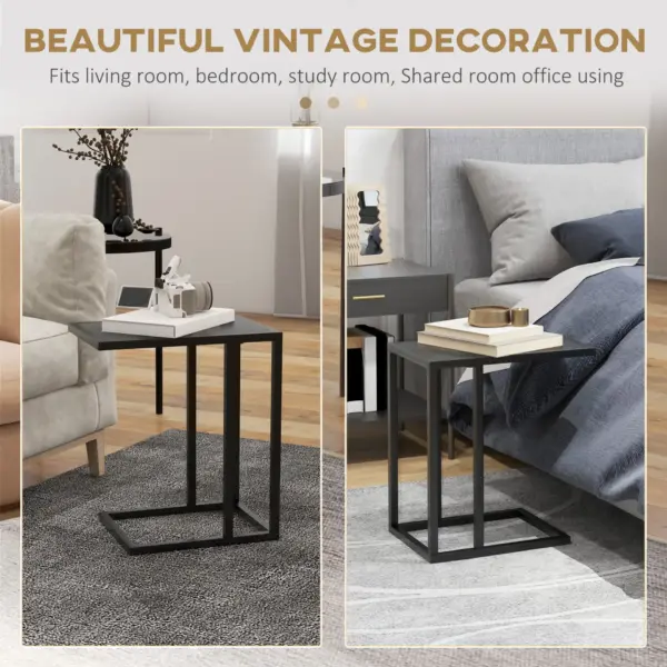HOMCOM C Shape Bedside Table with Metal Frame Wood-Effect Top Sofa Narrow Snack End Table for Living Room in Black