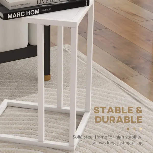 C Shape Bedside Table w/Metal Frame Wood-Effect Top Sofa Narrow Snack End Table for Living Room in White by HOMCOM