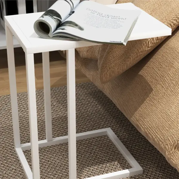 C Shape Bedside Table w/Metal Frame Wood-Effect Top Sofa Narrow Snack End Table for Living Room in White by HOMCOM
