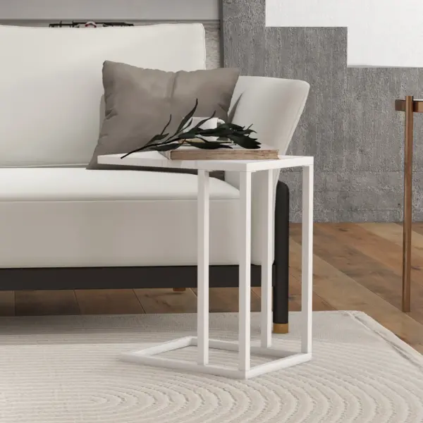 C Shape Bedside Table w/Metal Frame Wood-Effect Top Sofa Narrow Snack End Table for Living Room in White by HOMCOM