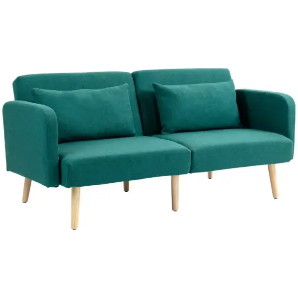Green 2/3 Seater Sofa Bed, Convertible Bed Settee, Fabric Sofa Couch with 2 Cushions for Living Room, Guest Room by HOMCOM