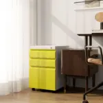 Vinsetto 3 Drawer Filing Cabinet, Mobile Metal File Cabinet with Anti-tilt Design for Letter, A4, Legal Size, Yellow