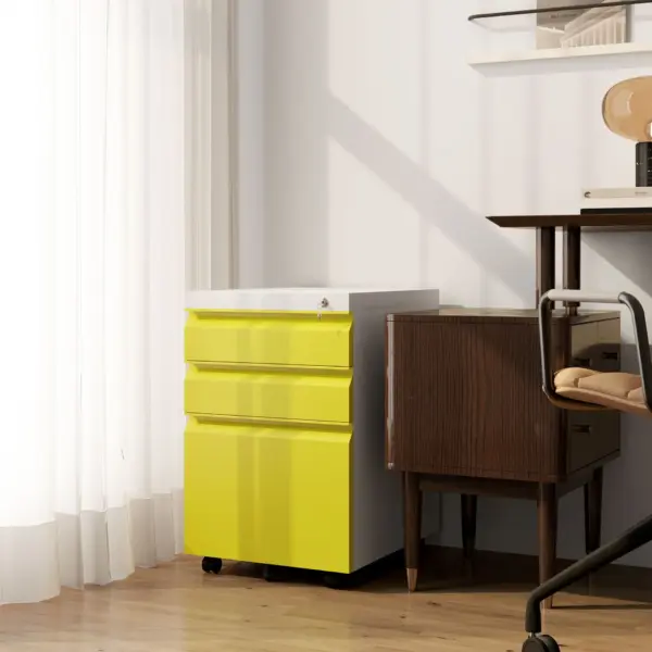Vinsetto 3 Drawer Filing Cabinet, Mobile Metal File Cabinet with Anti-tilt Design for Letter, A4, Legal Size, Yellow