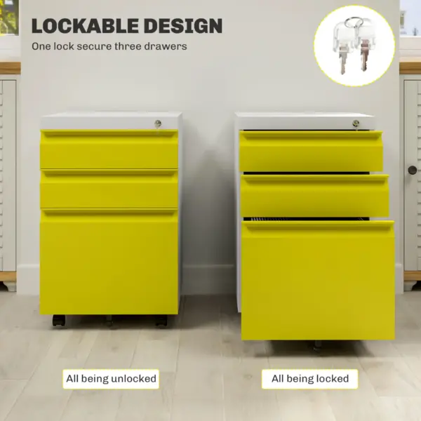Vinsetto 3 Drawer Filing Cabinet, Mobile Metal File Cabinet with Anti-tilt Design for Letter, A4, Legal Size, Yellow
