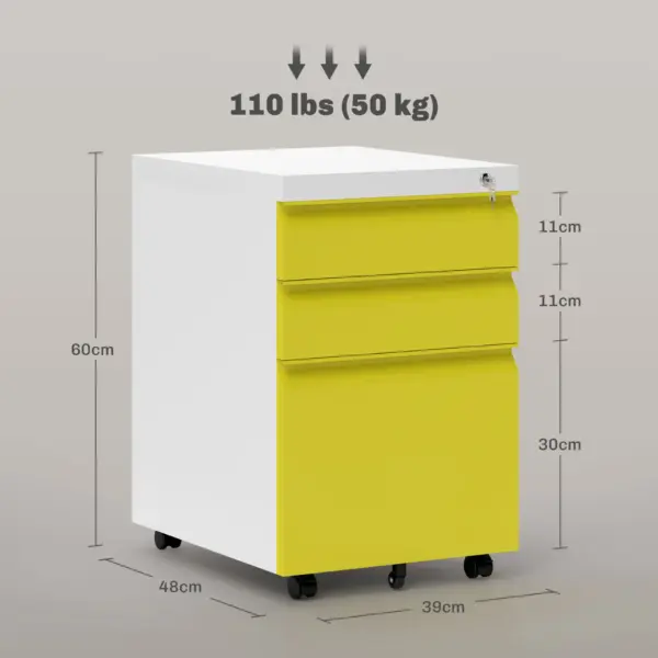 Vinsetto 3 Drawer Filing Cabinet, Mobile Metal File Cabinet with Anti-tilt Design for Letter, A4, Legal Size, Yellow