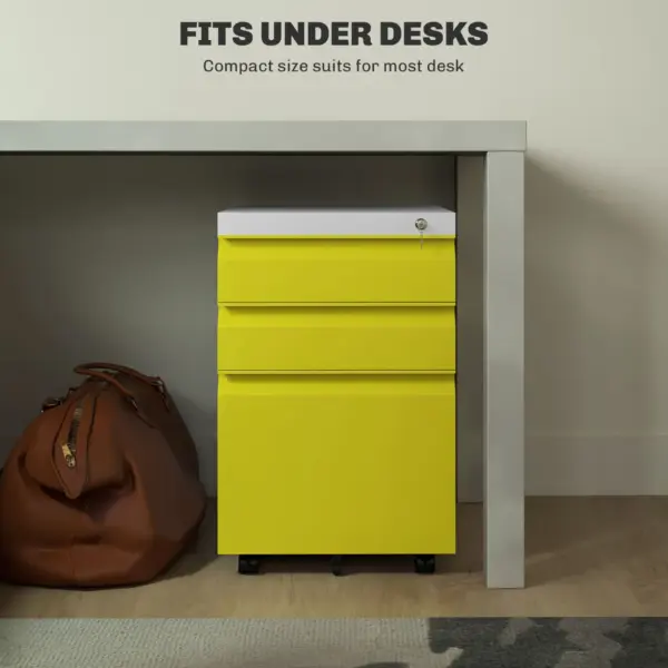 Vinsetto 3 Drawer Filing Cabinet, Mobile Metal File Cabinet with Anti-tilt Design for Letter, A4, Legal Size, Yellow