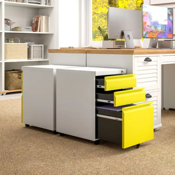 Vinsetto 3 Drawer Filing Cabinet, Mobile Metal File Cabinet with Anti-tilt Design for Letter, A4, Legal Size, Yellow