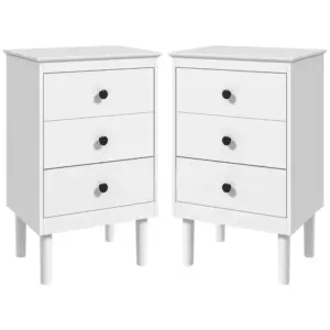 HOMCOM Set of 2 Modern Bedside Tables, Sofa Side Table with 3 Drawers, Nightstand for Bedroom, 40x30x64cm in White