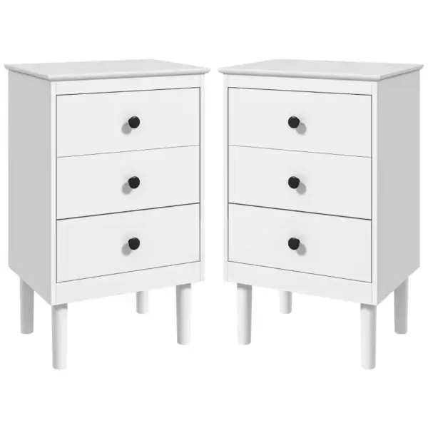 HOMCOM Set of 2 Modern Bedside Tables, Sofa Side Table with 3 Drawers, Nightstand for Bedroom, 40x30x64cm in White
