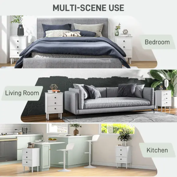 HOMCOM Set of 2 Modern Bedside Tables, Sofa Side Table with 3 Drawers, Nightstand for Bedroom, 40x30x64cm in White
