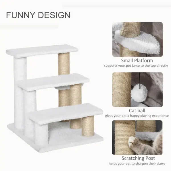 PawHut Pet Stair with 3-step Climb Ladder, Scratching Posts, Platforms, Toy Ball, for Indoor Elderly Cats Kittens in White