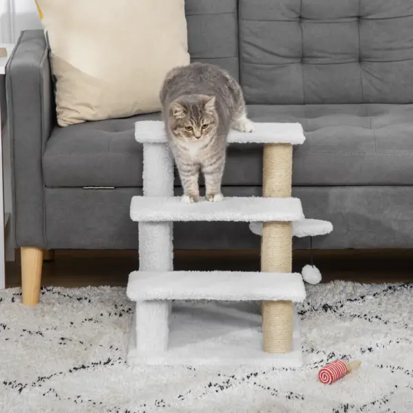 PawHut Pet Stair with 3-step Climb Ladder, Scratching Posts, Platforms, Toy Ball, for Indoor Elderly Cats Kittens in White
