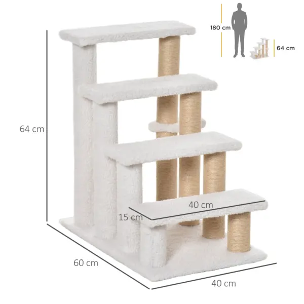 PawHut Pet Stair with 4-step Climb Ladder, Scratching Posts, Platforms, Toy Ball, for Indoor Elderly Cats Kittens in White