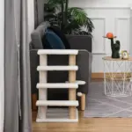 PawHut Pet Stair with 4-step Climb Ladder, Scratching Posts, Platforms, Toy Ball, for Indoor Elderly Cats Kittens in White