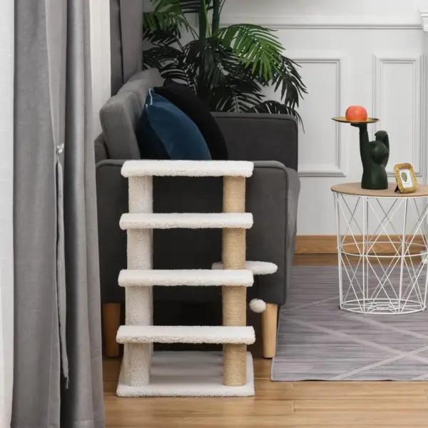 PawHut Pet Stair with 4-step Climb Ladder, Scratching Posts, Platforms, Toy Ball, for Indoor Elderly Cats Kittens in White