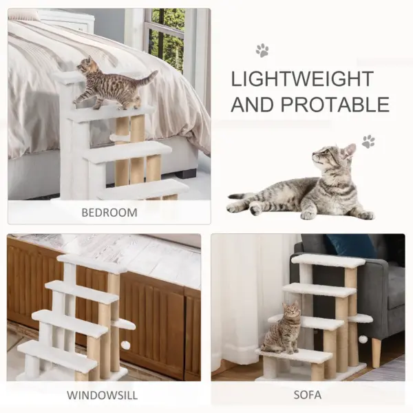 PawHut Pet Stair with 4-step Climb Ladder, Scratching Posts, Platforms, Toy Ball, for Indoor Elderly Cats Kittens in White
