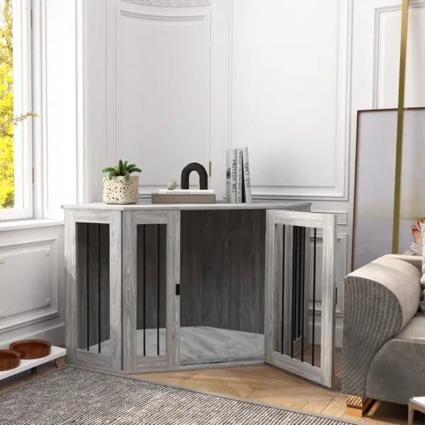 2 in 1 Dog Crate with Side Table, Cushion, 122 x 61 x 71cm in Grey by PawHut