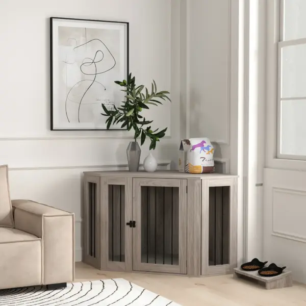 PawHut 2 in 1 Dog Crate Furniture Side Table, with Cushion, 122 x 61 x 71cm in Walnut Brown