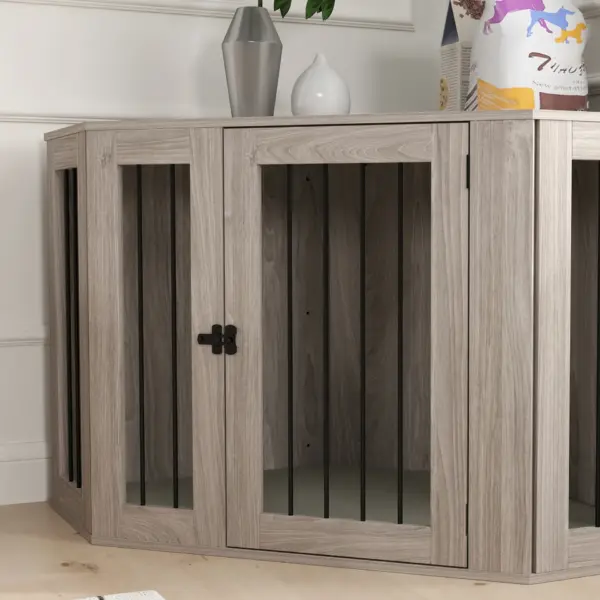 PawHut 2 in 1 Dog Crate Furniture Side Table, with Cushion, 122 x 61 x 71cm in Walnut Brown