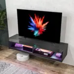 HOMCOM Floating TV Unit Wall Mounted TV Cabinet, High Gloss Media Wall Unit with LED Lights, Storages Shelves for Living Entertainment Room in Black