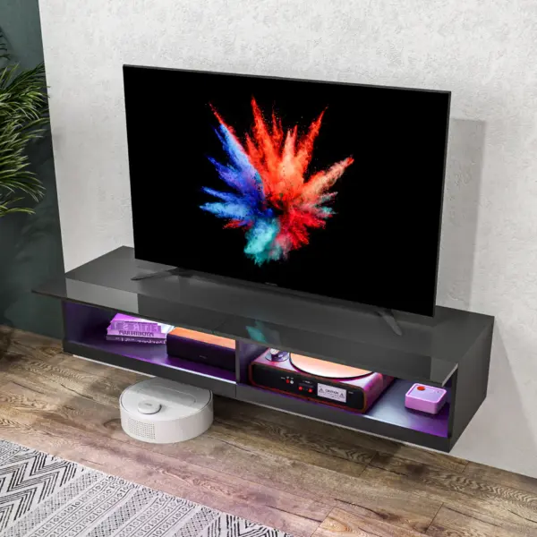 HOMCOM Floating TV Unit Wall Mounted TV Cabinet, High Gloss Media Wall Unit with LED Lights, Storages Shelves for Living Entertainment Room in Black