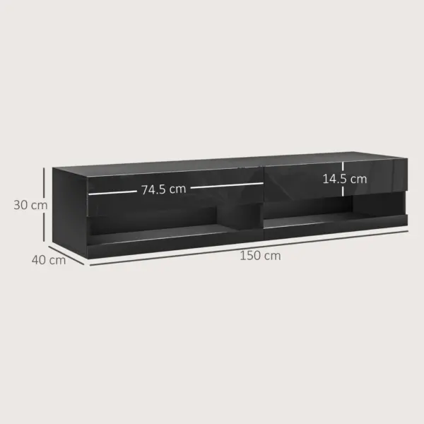 HOMCOM Floating TV Unit Wall Mounted TV Cabinet, High Gloss Media Wall Unit with LED Lights, Storages Shelves for Living Entertainment Room in Black