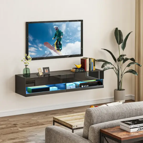 HOMCOM Floating TV Unit Wall Mounted TV Cabinet, High Gloss Media Wall Unit with LED Lights, Storages Shelves for Living Entertainment Room in Black