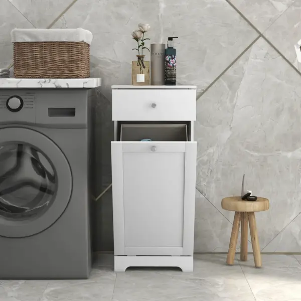 Bathroom Cabinet with Laundry Basket, Bathroom Storage Unit with Foldable Laundry Hamper and Drawer for Washroom, White by HOMCOM