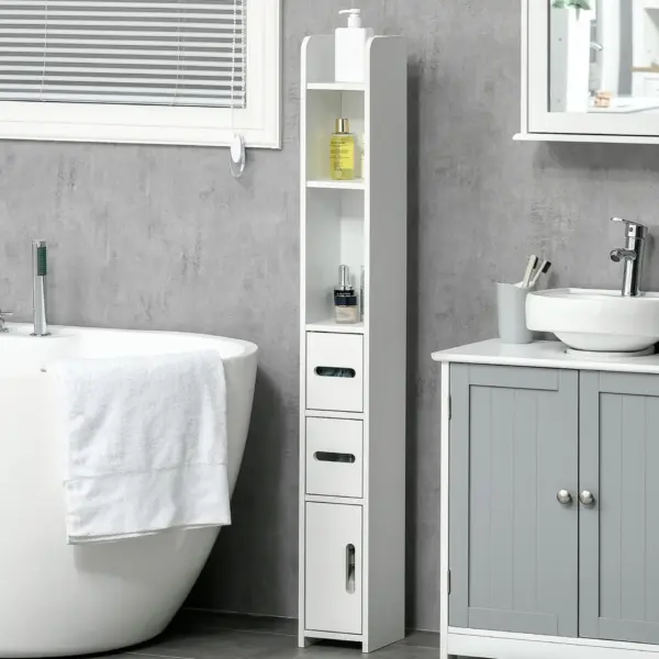 kleankin Modern Bathroom Storage Cabinet, Freestanding Tall Bathroom Cabinet with Open Shelves and 3 Cupboards with Door, for Bedroom Hallway in White