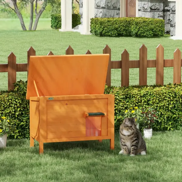 Feral Cat House, Wooden Insulated with Removable Floor, Water-Resistant Openable Roof - Orange | PawHut