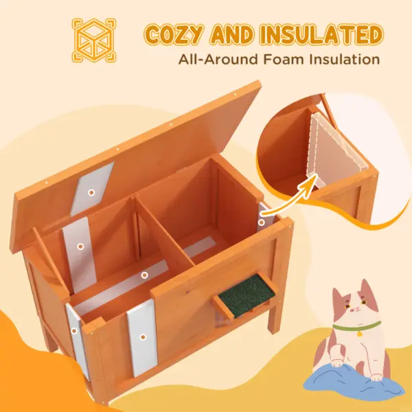 Feral Cat House, Wooden Insulated with Removable Floor, Water-Resistant Openable Roof - Orange | PawHut