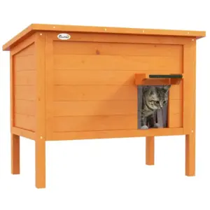 Feral Cat House, Wooden Insulated with Removable Floor, Water-Resistant Openable Roof - Orange | PawHut