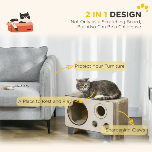 2 in 1 Cat Scratcher, Radio Shape Cat House with Catnip, 57 x 24.5 x 39cm, Natural Wood Finish | PawHut