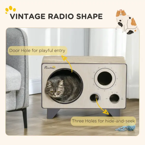 2 in 1 Cat Scratcher, Radio Shape Cat House with Catnip, 57 x 24.5 x 39cm, Natural Wood Finish | PawHut