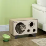 2 in 1 Cat Scratcher, Radio Shape Cat House with Catnip, 57 x 24.5 x 39cm, Natural Wood Finish | PawHut
