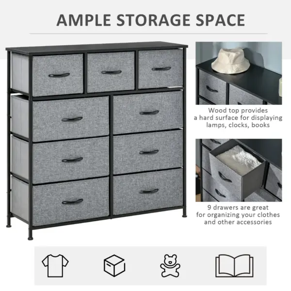 9 Drawers Storage Dresser Chest Organizer Unit, Fabric Bins, for Bedroom, Hallway, Entryway, Black and Grey by HOMCOM