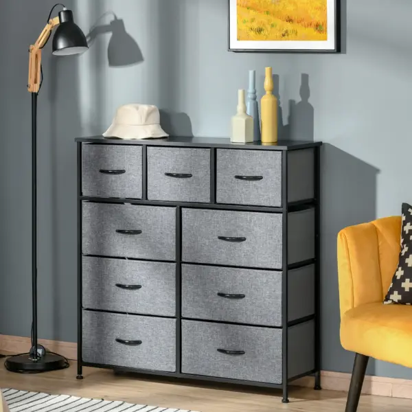 9 Drawers Storage Dresser Chest Organizer Unit, Fabric Bins, for Bedroom, Hallway, Entryway, Black and Grey by HOMCOM