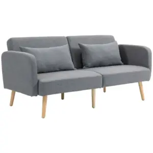 HOMCOM Grey 3 Seater Sofa Bed, Convertible Bed Settee, Modern Fabric Loveseat Sofa Couch with 2 Cushions for Living Room, Guest Room