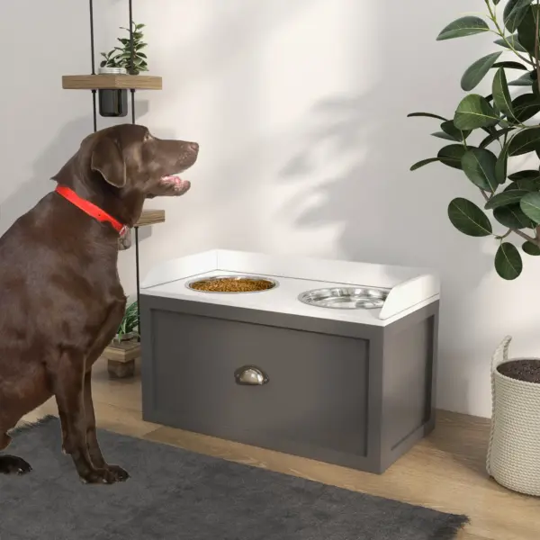 Elevated Dog Feeder, Stainless Steel Pet Bowls with Storage Drawer, 21L Capacity for Large Breeds in Grey | PawHut