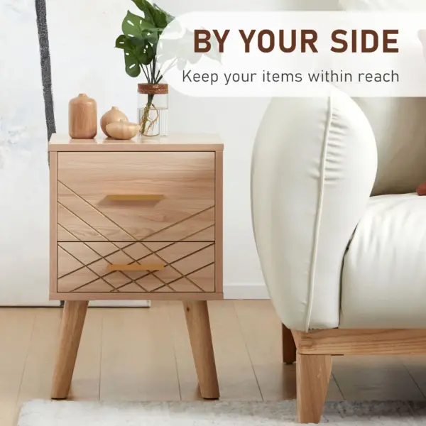 Scandinavian Bedside Cabinet with Drawers, Bedside Table with Wood Legs for Bedroom, Natural | HOMCOM