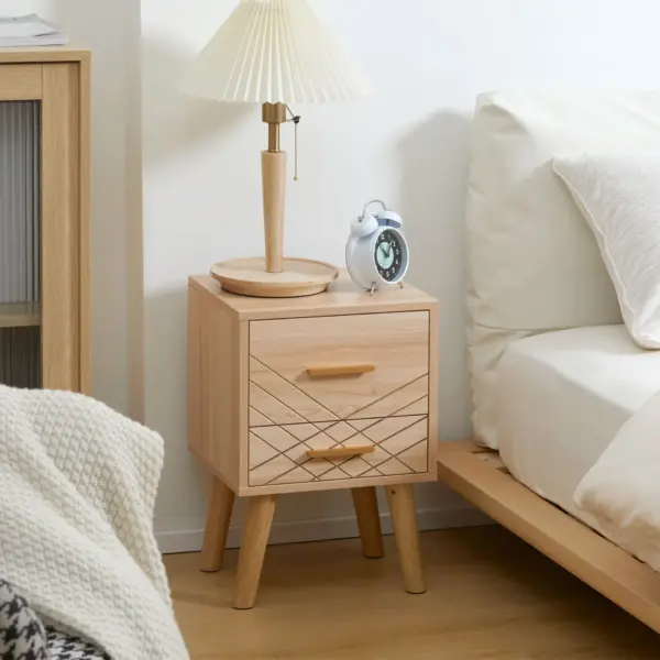 Scandinavian Bedside Cabinet with Drawers, Bedside Table with Wood Legs for Bedroom, Natural | HOMCOM