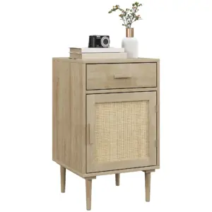 HOMCOM Bedside Table with Rattan Drawer Cabinet and Adjustable Shelf Natural