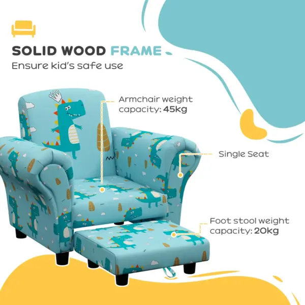 2 Piece Kids Sofa Set with Dinosaur Design, Wooden Frame, for 1.5-3 Years Old in Blue by AIYAPLAY